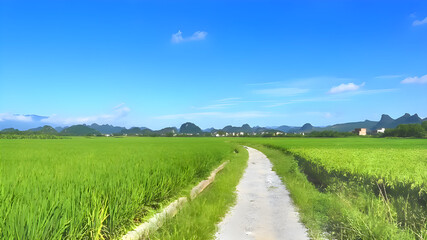 A serene rural path winding through lush, green fields under a clear blue sky. 