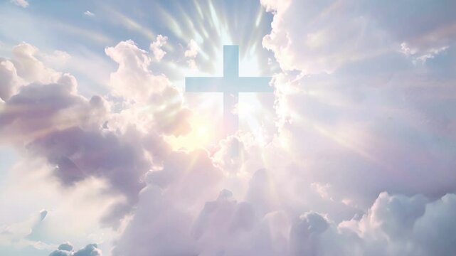 Christian cross appears bright in the sky background dolly camera zoom in video footage