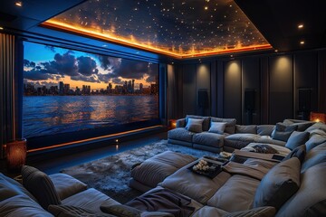 Naklejka premium Luxury Home Theater A plush home theater with recliner seats, a large screen, and surround sound. Add dark walls, soundproofing panels, and a popcorn machine. --ar 3:2 --style raw --stylize 750 Job ID