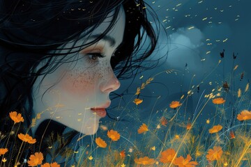 A whimsical image depicting a field of orange flowers under a dark and dreamy sky, infused with glowing effects, capturing a fantasy-like, enchanting atmosphere with artistic flair.