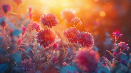 Vibrant Sunset Over Blossoming Field of Pink Flowers with Golden Bokeh. Generative ai