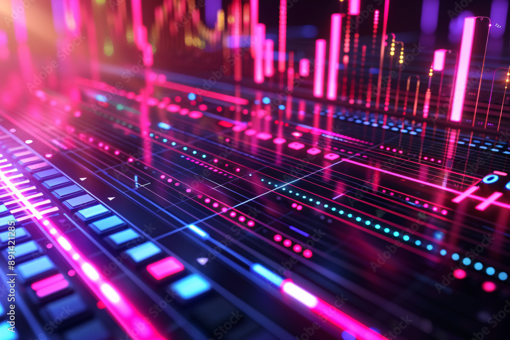 Poster futuristic data visualization with vibrant pink and blue light streaks and graphs on a dark backgrou