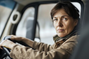 Obraz premium Profile of a middle-aged woman in work clothes driving a truck Image of the transportation and delivery industry, etc.. Beautiful simple AI generated image in 4K, unique.