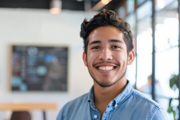 Fototapeta premium Young hispanic man smiling in modern office environment