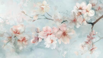 delicate watercolor cherry blossoms in soft pink and white graceful branches adorned with blooming flowers against pale blue wash ethereal and romantic springtime scene