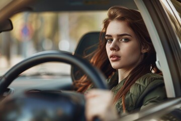 Obraz premium Profile of a middle-aged woman in work clothes driving a truck Image of the transportation and delivery industry, etc.. Beautiful simple AI generated image in 4K, unique.