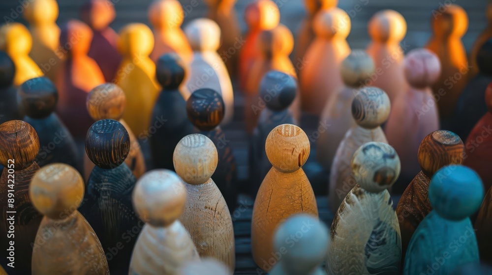Poster diverse wooden figurines in various colors and shapes arranged to represent inclusivity and unity wa