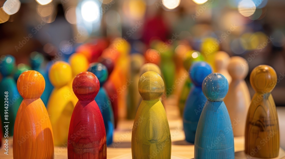 Poster diverse wooden figurines in various colors and shapes arranged to represent inclusivity and unity wa
