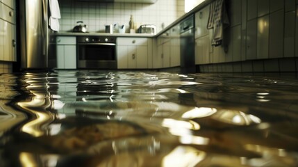 dramatic scene of a flooded kitchen with water pooling on tiled floor reflections of stainless steel appliances in the water create an eerie atmosphere emphasizing the urgency of property damage