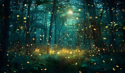 Enchanting forest with glowing fireflies at night