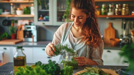 Smiling Woman Preserving Fresh Herbs in a Jar in Bright Modern Kitchen. Generative ai