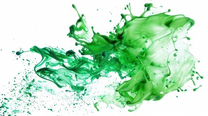 dynamic green paint splash frozen in midexplosion highspeed photography effect vibrant pigment against stark white background capturing motion and artistic expression
