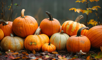 Carved Halloween Pumpkins with Autumn Leaves Decoration
