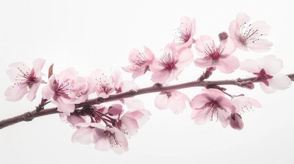 Fototapeta premium elegant cherry blossom branch with delicate pink petals cascading against a pure white background soft focus and subtle shadows create a dreamy romantic atmosphere