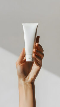 Closeup woman's hand holding a white tube of skin cream isolated on white background