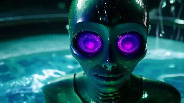 mysterious alien figure with glowing purple eyes in dim light