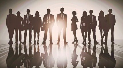 Silhouettes of a diverse group of businesspeople standing together.