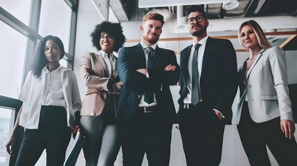 A diverse group of businesspeople stand together in a modern office.