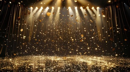 elegant stage with cascading golden confetti frozen in midair illuminated by soft spotlights creating a magical celebratory atmosphere