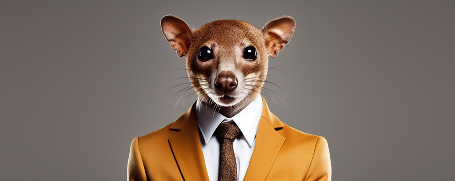 A Brown Fossa In A Suit Looks Directly At The Camera