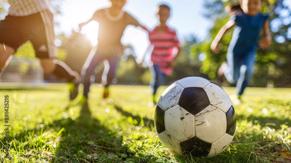 Poster Person with Down syndrome playing soccer with friends in an open field Stock Photo with copy space