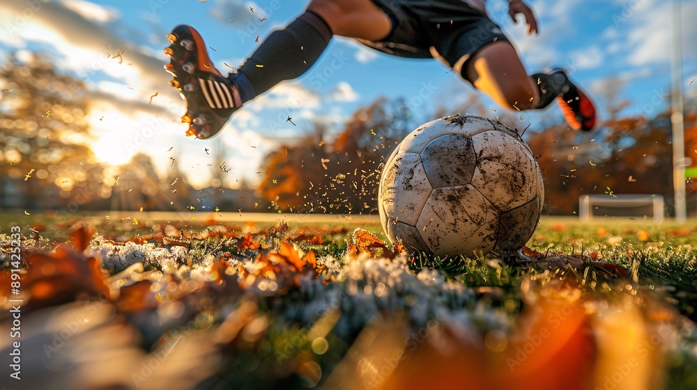 Aufkleber person with down syndrome playing soccer with friends in an open field stock photo with copy space