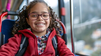 Family including a member with cerebral palsy enjoying a scenic train ride through the mountains Stock Photo with copy space