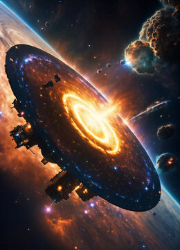 A planet shrouded in darkess. medieval galleons float dead in space around it. a giant golem made of stone hugs the planet. the golem has a sparkling aura. 4k, realistic.
