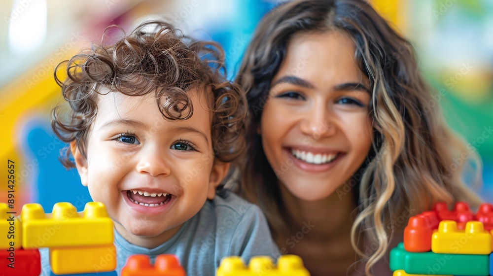 Poster occupational therapist working with a child with autism on motor skills activities stock photo with 