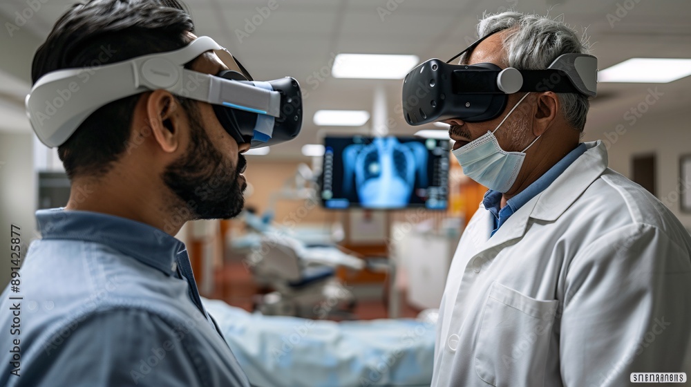 Poster patient using virtual reality for pain management in a rehabilitation center stock photo with copy s