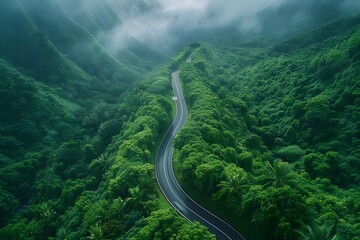 Serene Aerial View of a Winding Road Through Lush Green Mountains