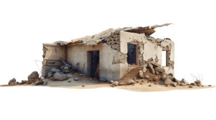 A broken and destroyed building in the desert isolated on transparent background