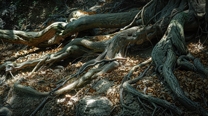 A photograph of ancient oak roots, twisted and sprawling, roots gripping rocky terrain, forest floor covered in leaves