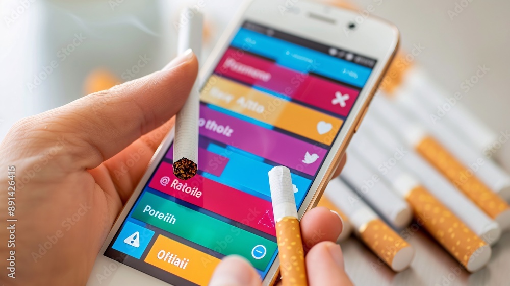Poster A person using a smartphone app to track their progress in quitting smoking Stock Photo with copy space