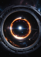 A spaceship escaping a galaxy center while a star is exploding, surrounded by interstellar dust.