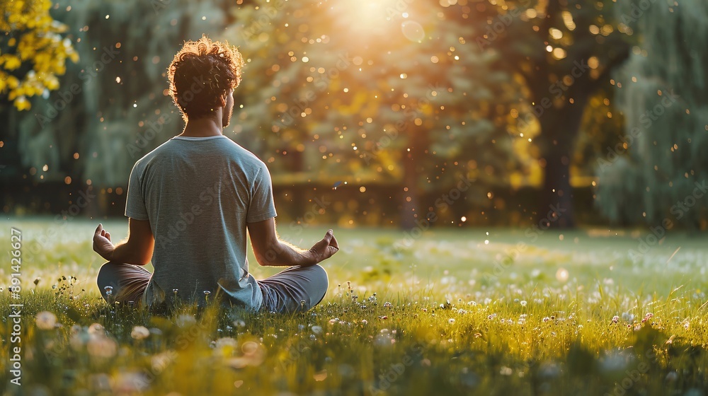 Poster a person meditating in a serene environment as a method of stress relief without harmful substances 