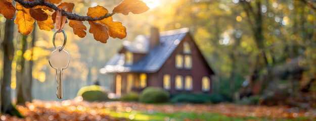 A key hanging from a branch with autumn leaves, with a house in the background, representing home ownership and new beginnings.