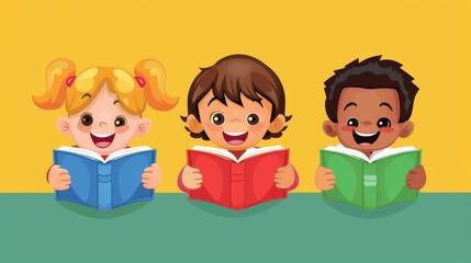 Happy children holding books on a light background. School concept. Cartoon illustration