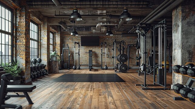 A fitness enthusiast lifting weights in a well equipped gym Stock Photo with copy space