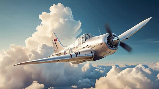 Vintage airplane in cinematic in clear sky, smooth looping video.