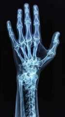 The clear and detailed Xray view of a hand, highlighting the ulna and radius bones, sharp bone definition, bright and high contrast