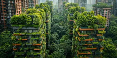 Obraz premium Lush vertical gardens on modern high-rise buildings in an urban forest setting, emphasizing green living and sustainable architecture