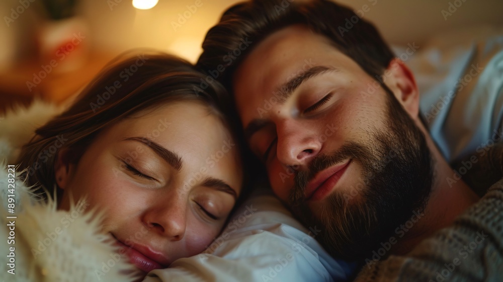 Poster A couple enjoying restful sleep in a serene bedroom environment with minimal noise Stock Photo with copy space