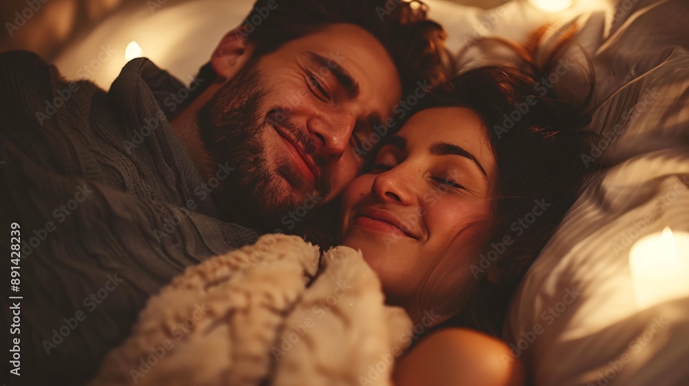 Poster A couple enjoying restful sleep in a serene bedroom environment with minimal noise Stock Photo with copy space