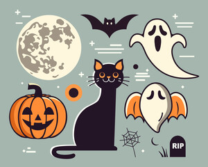 Minimalist Halloween Vector Illustration with Black Cat, Ghosts, Pumpkin, Bat, and Full Moon