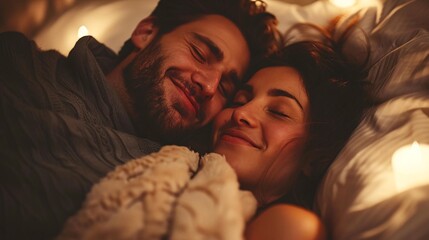 A couple enjoying restful sleep in a serene bedroom environment with minimal noise Stock Photo with copy space