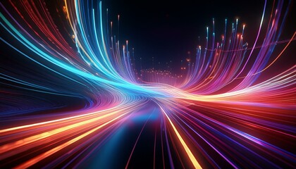 Vibrant neon lines swirling in mid-air, simulating futuristic communication network., communication network, data transmission, glowing lines, motion background