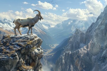 A beautiful alpine ibex standing on a rocky cliffside, overlooking a stunning mountain landscape