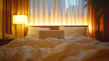 A bedroom setup promoting quality sleep with blackout curtains and a white noise machine Stock Photo with copy space