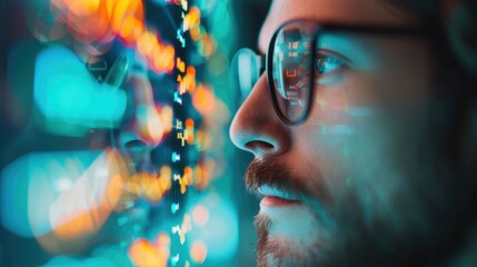 A logistics manager analyzing data on a digital screen with graphs and charts displaying supply chain performance metrics and inventory status.